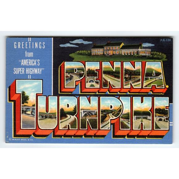 Vintage Large Letter Pennsylvania Turnpike Linen Postcard by Minsky Bros PA-128 - Picture 1 of 2